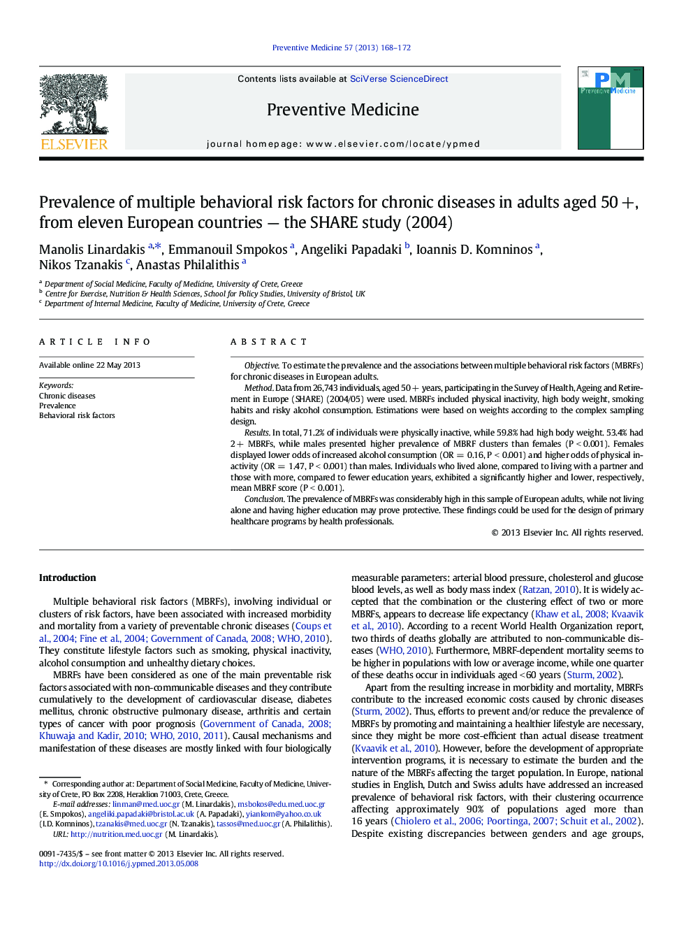 Prevalence of multiple behavioral risk factors for chronic diseases in adults aged 50Â +, from eleven European countries - the SHARE study (2004)