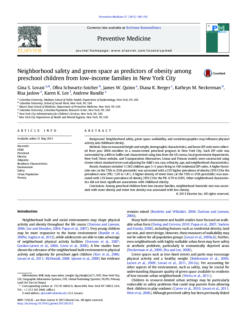 Neighborhood safety and green space as predictors of obesity among preschool children from low-income families in New York City