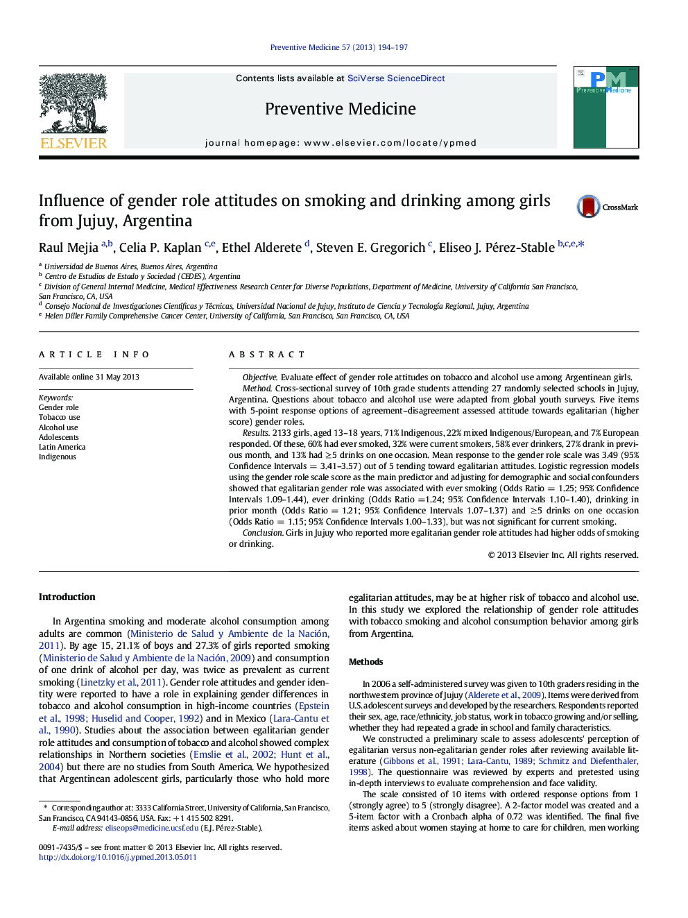 Influence of gender role attitudes on smoking and drinking among girls from Jujuy, Argentina