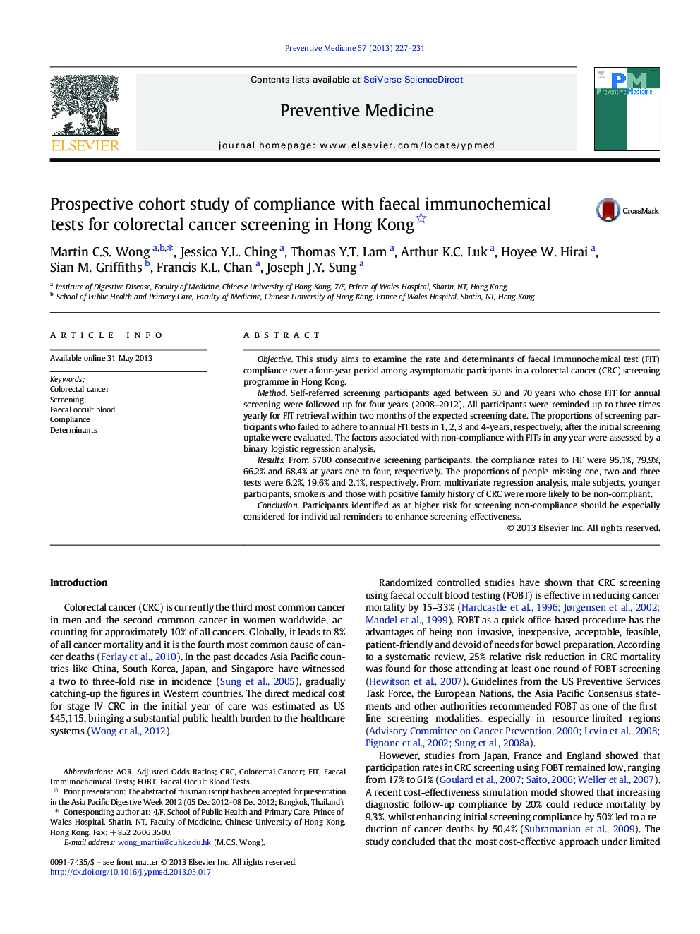 Prospective cohort study of compliance with faecal immunochemical tests for colorectal cancer screening in Hong Kong