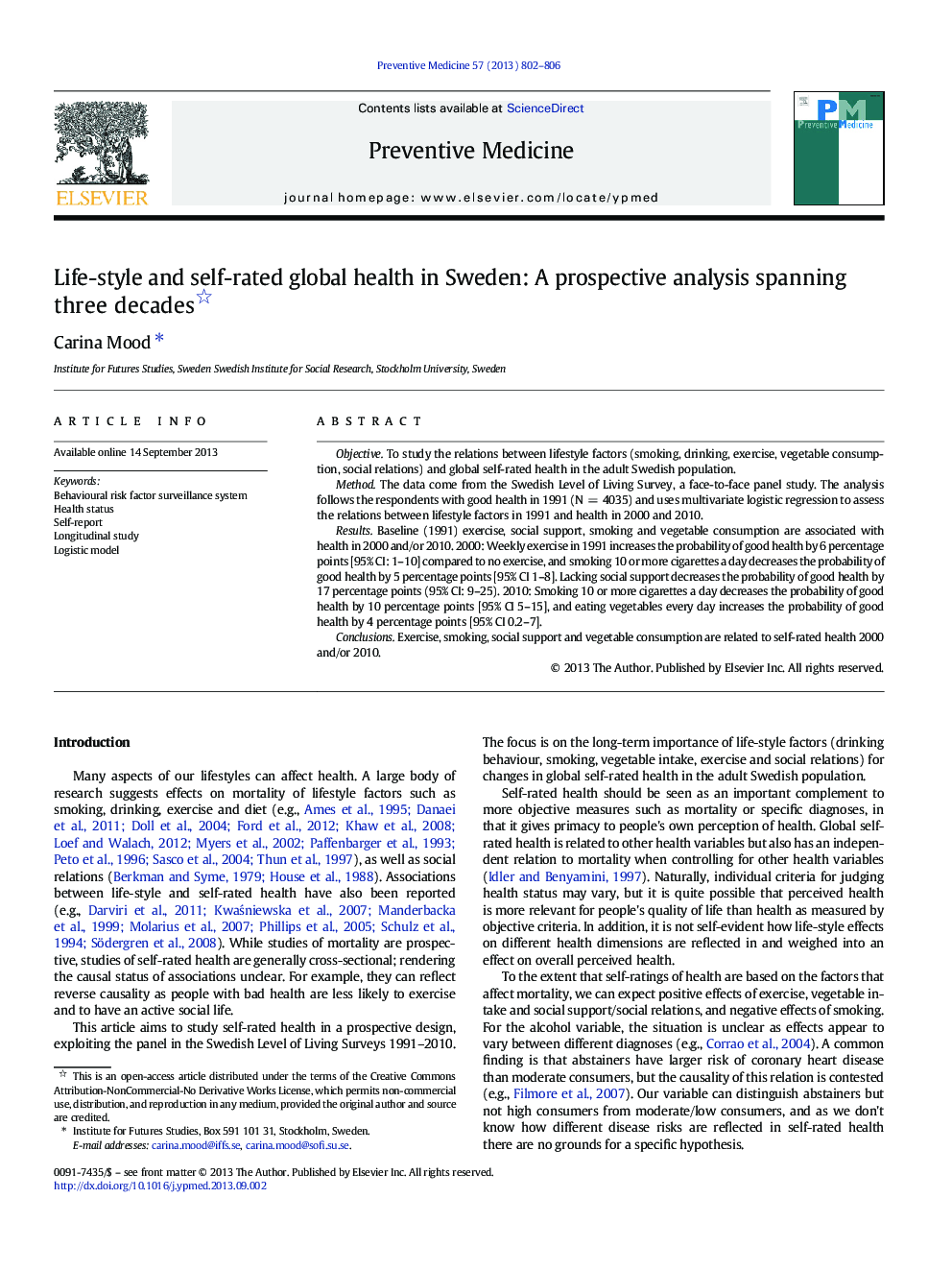 Life-style and self-rated global health in Sweden: A prospective analysis spanning three decades