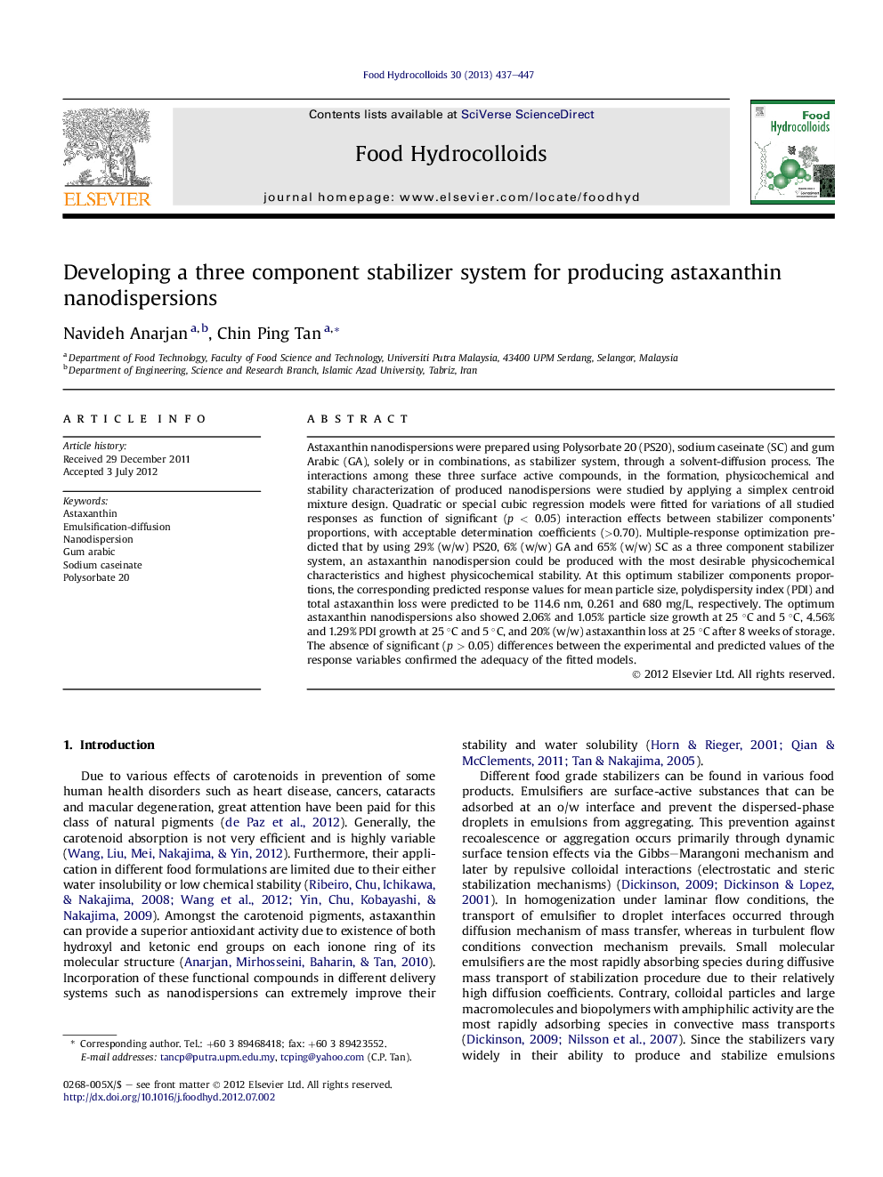 Developing a three component stabilizer system for producing astaxanthin nanodispersions