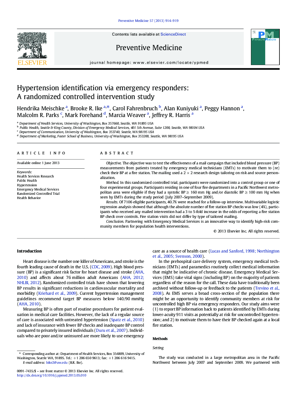 Hypertension identification via emergency responders: A randomized controlled intervention study