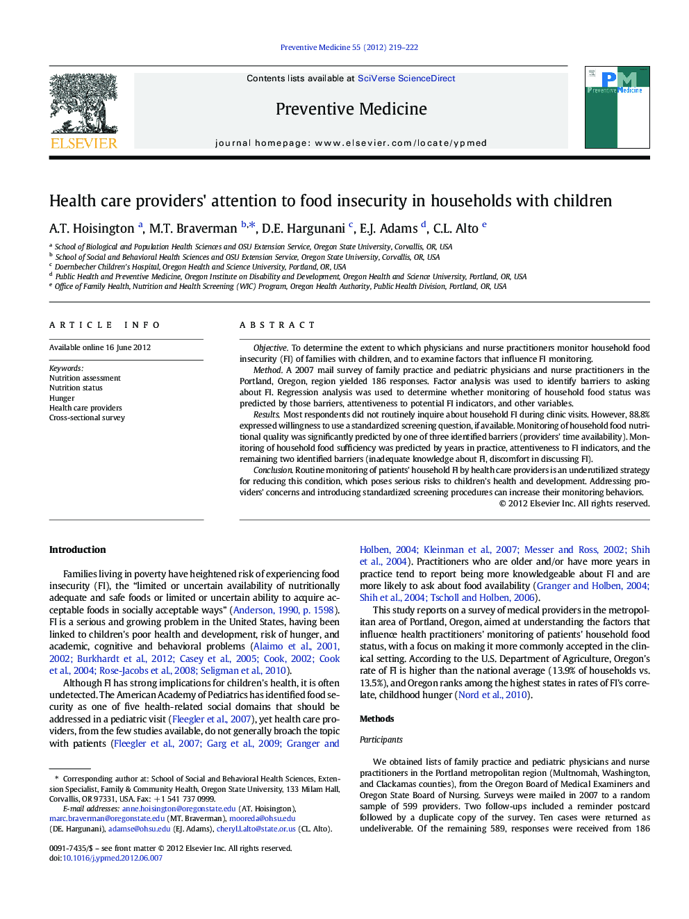 Health care providers' attention to food insecurity in households with children