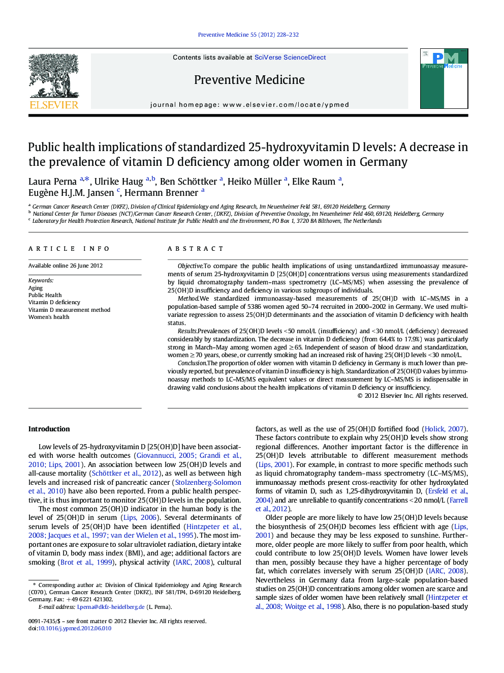 عکس صفحه اول مقاله: Public health implications of standardized 25-hydroxyvitamin D levels: A decrease in the prevalence of vitamin D deficiency among older women in Germany Public health implications of standardized 25-hydroxyvitamin D levels: A decrease in the prevalence of vitamin D deficiency among older women in Germany