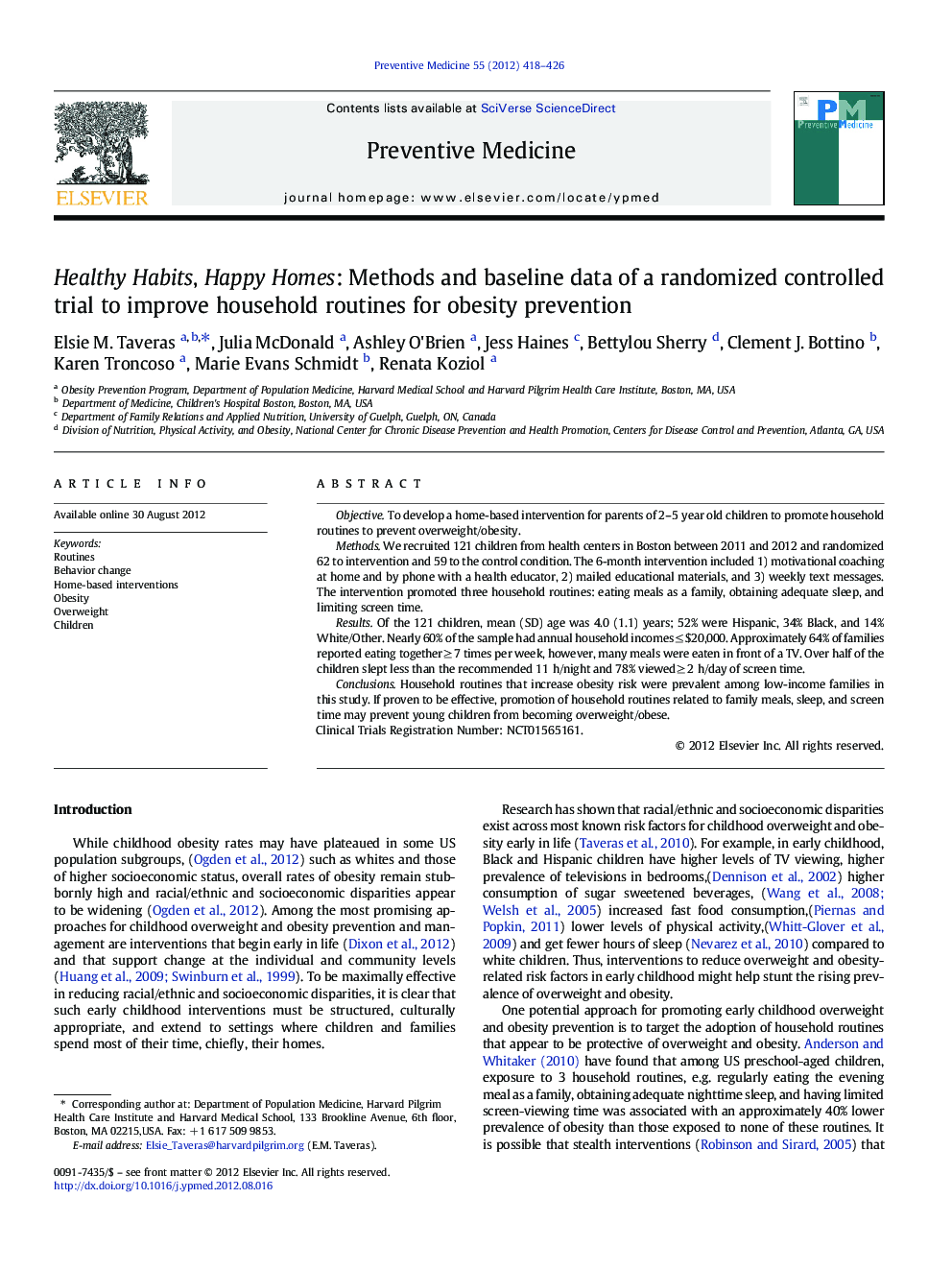 Healthy Habits, Happy Homes: Methods and baseline data of a randomized controlled trial to improve household routines for obesity prevention
