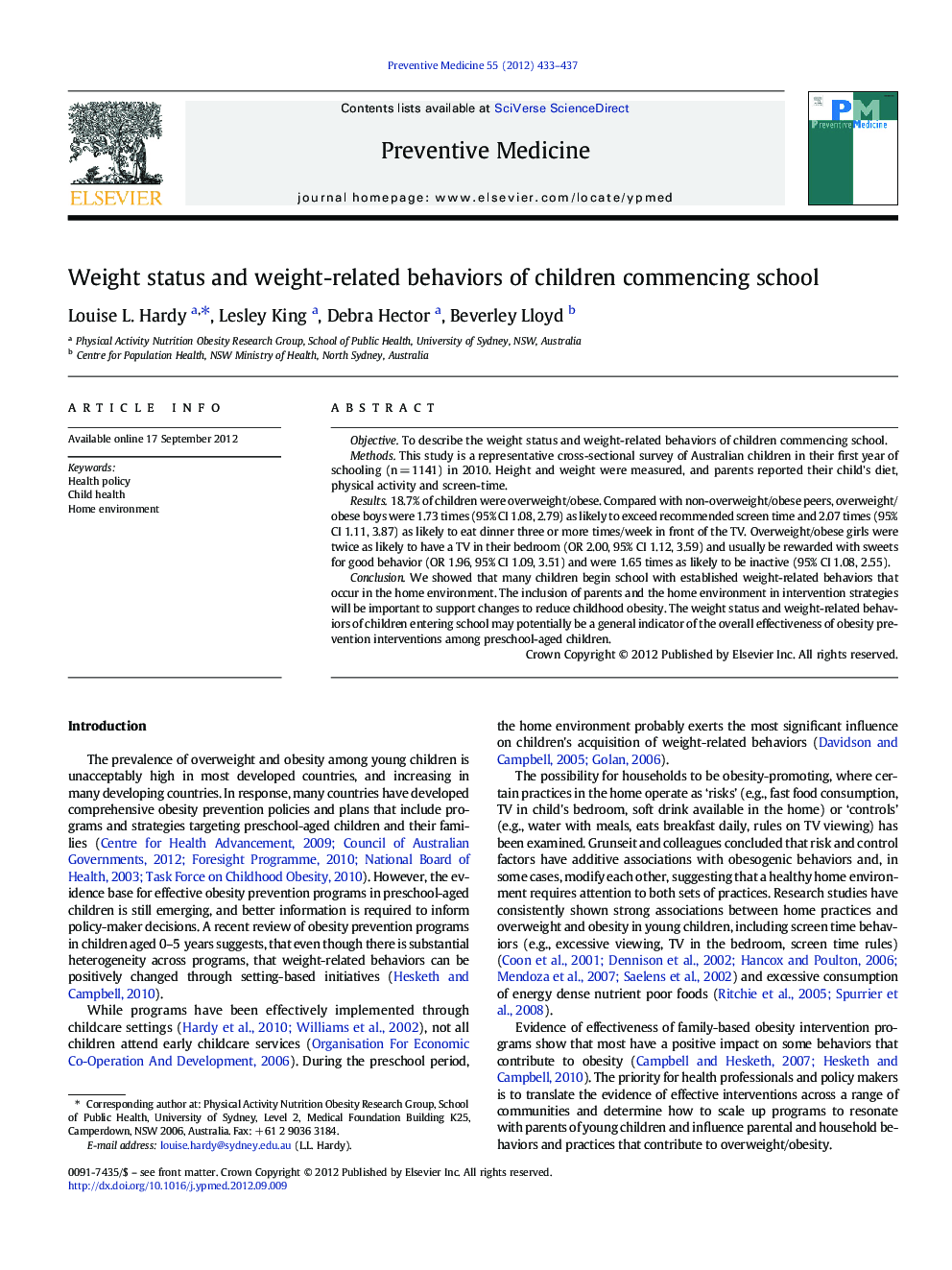 Weight status and weight-related behaviors of children commencing school