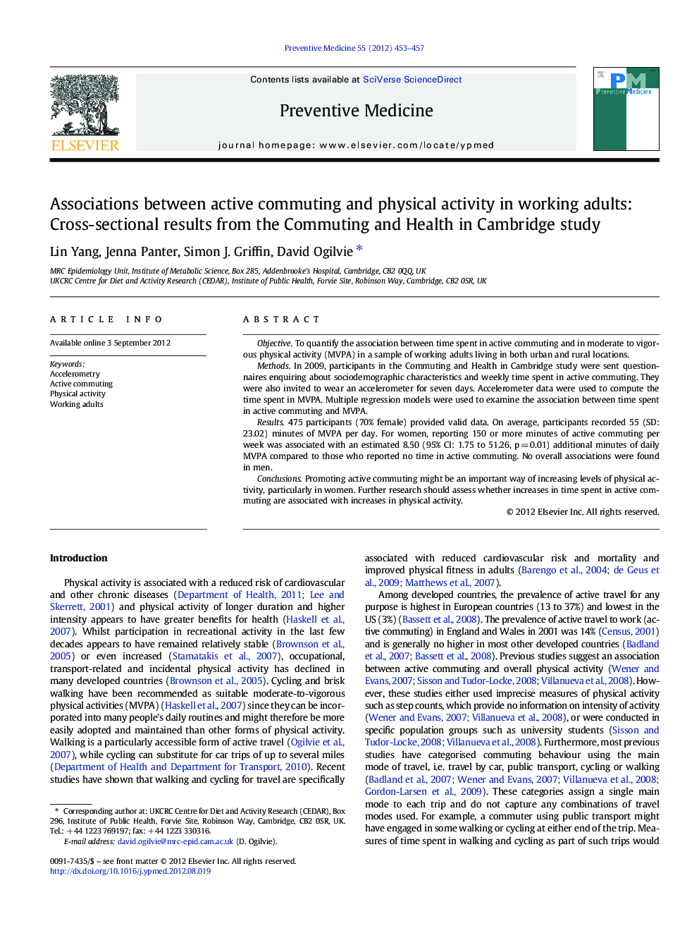 Associations between active commuting and physical activity in working adults: Cross-sectional results from the Commuting and Health in Cambridge study