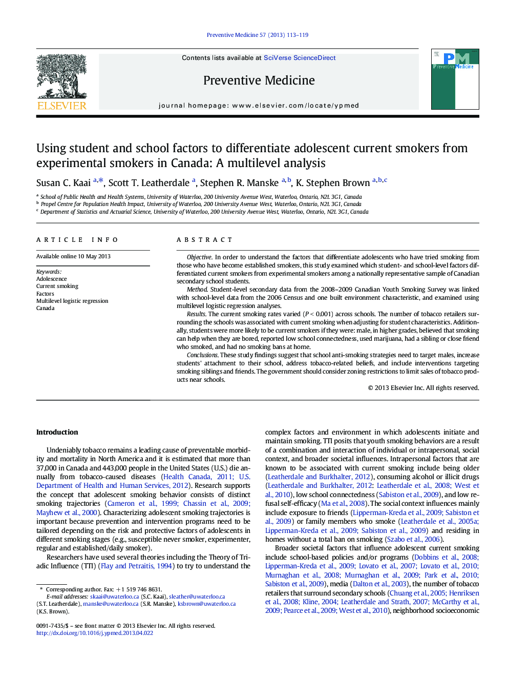 Using student and school factors to differentiate adolescent current smokers from experimental smokers in Canada: A multilevel analysis