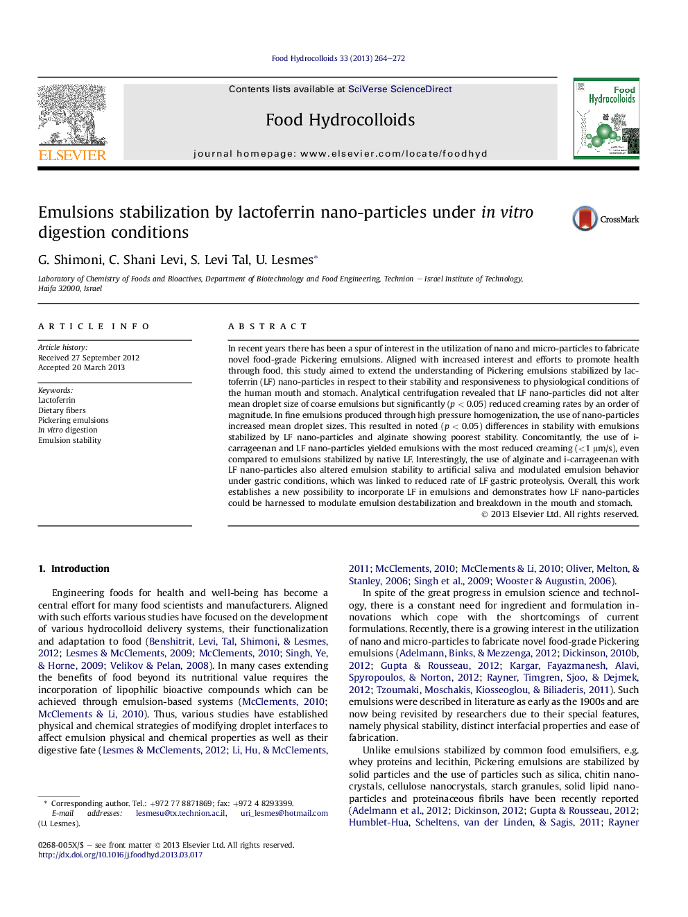 Emulsions stabilization by lactoferrin nano-particles under in vitro digestion conditions