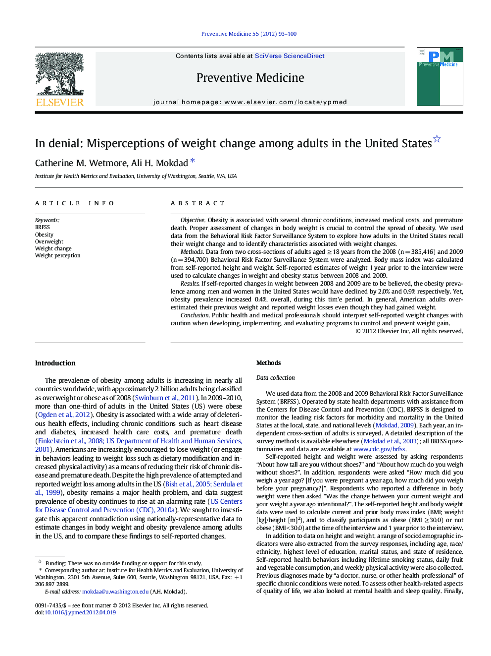 In denial: Misperceptions of weight change among adults in the United States