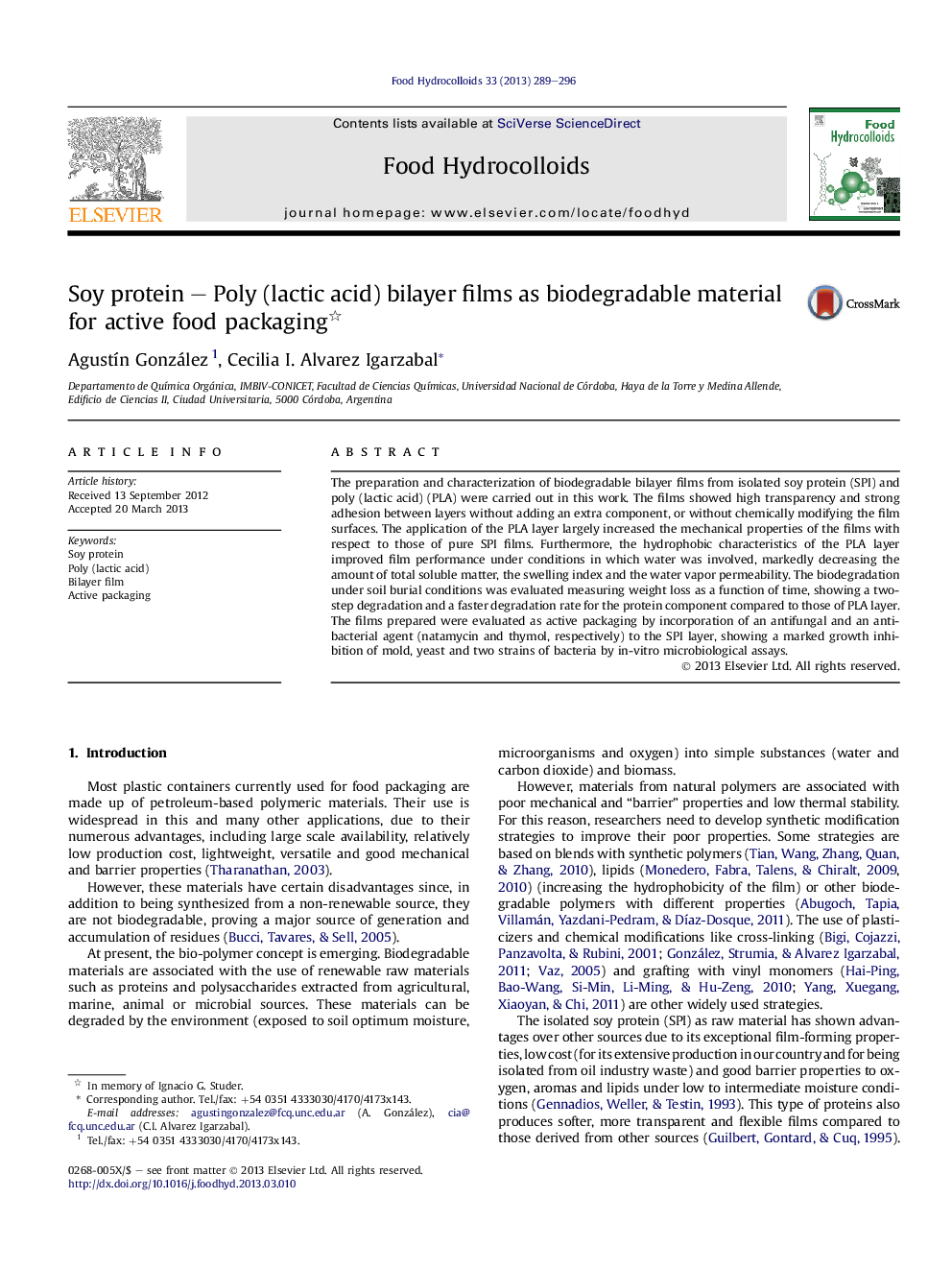 Soy protein - Poly (lactic acid) bilayer films as biodegradable material for active food packaging