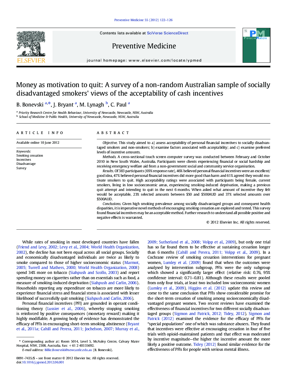 Money as motivation to quit: A survey of a non-random Australian sample of socially disadvantaged smokers' views of the acceptability of cash incentives