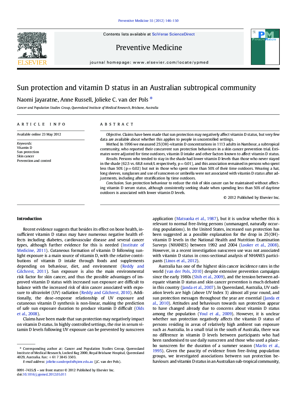 Sun protection and vitamin D status in an Australian subtropical community