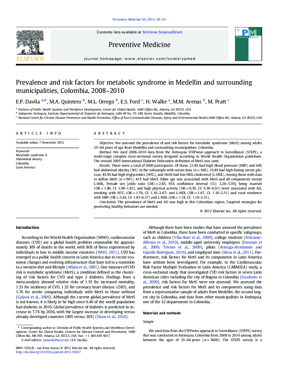 Prevalence and risk factors for metabolic syndrome in Medellin and surrounding municipalities, Colombia, 2008-2010