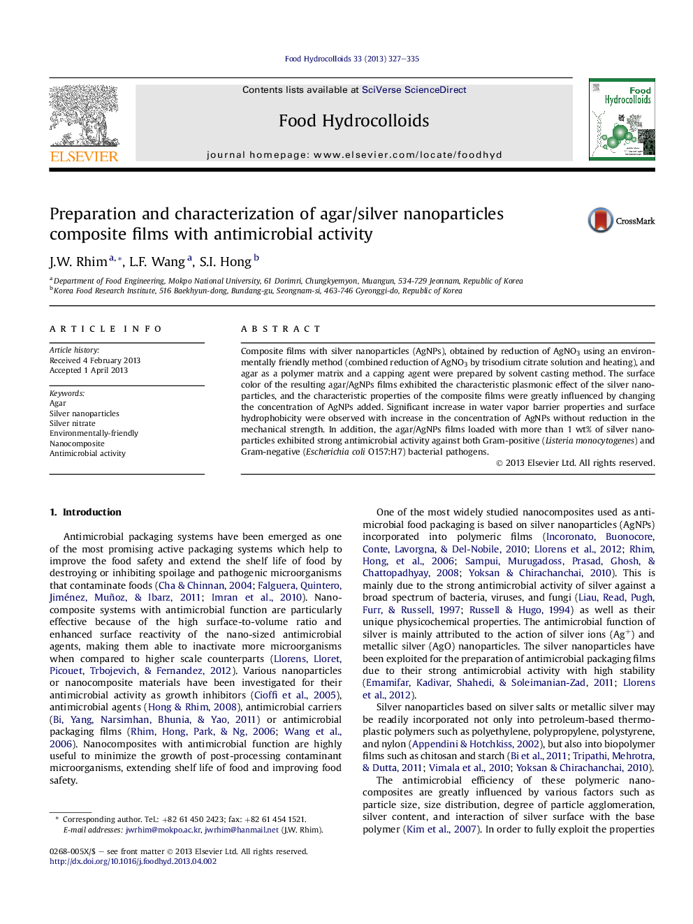 Preparation and characterization of agar/silver nanoparticles composite films with antimicrobial activity