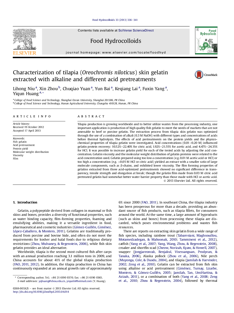 Characterization of tilapia (Oreochromis niloticus) skin gelatin extracted with alkaline and different acid pretreatments