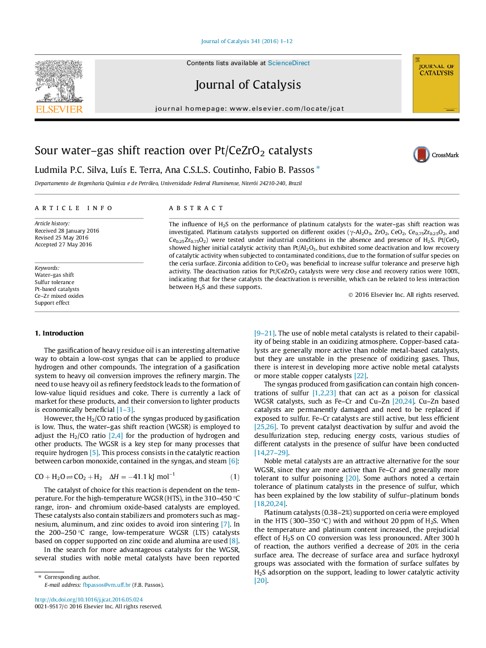 Sour water–gas shift reaction over Pt/CeZrO2 catalysts