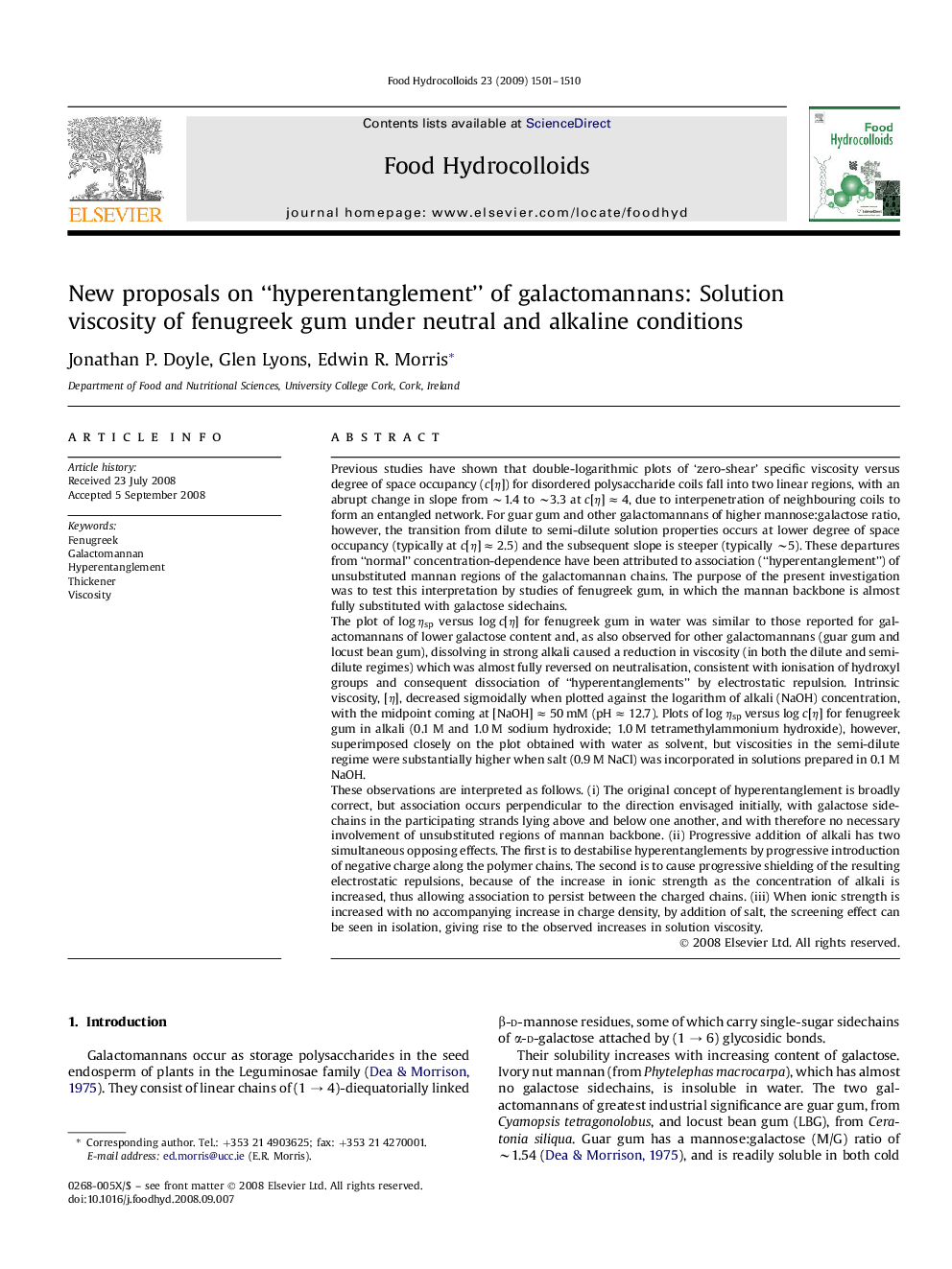 New proposals on “hyperentanglement” of galactomannans: Solution viscosity of fenugreek gum under neutral and alkaline conditions