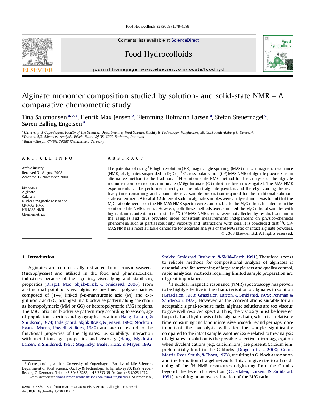 Alginate monomer composition studied by solution- and solid-state NMR - A comparative chemometric study