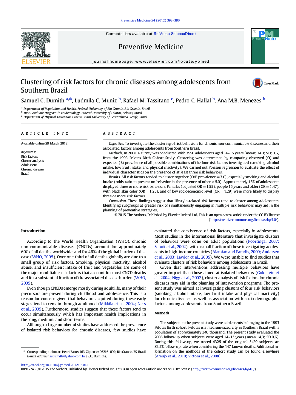 Clustering of risk factors for chronic diseases among adolescents from Southern Brazil