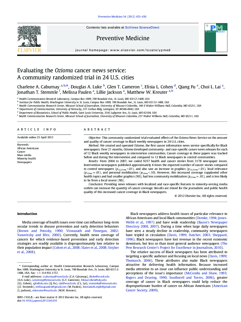 Evaluating the Ozioma cancer news service: A community randomized trial in 24 U.S. cities