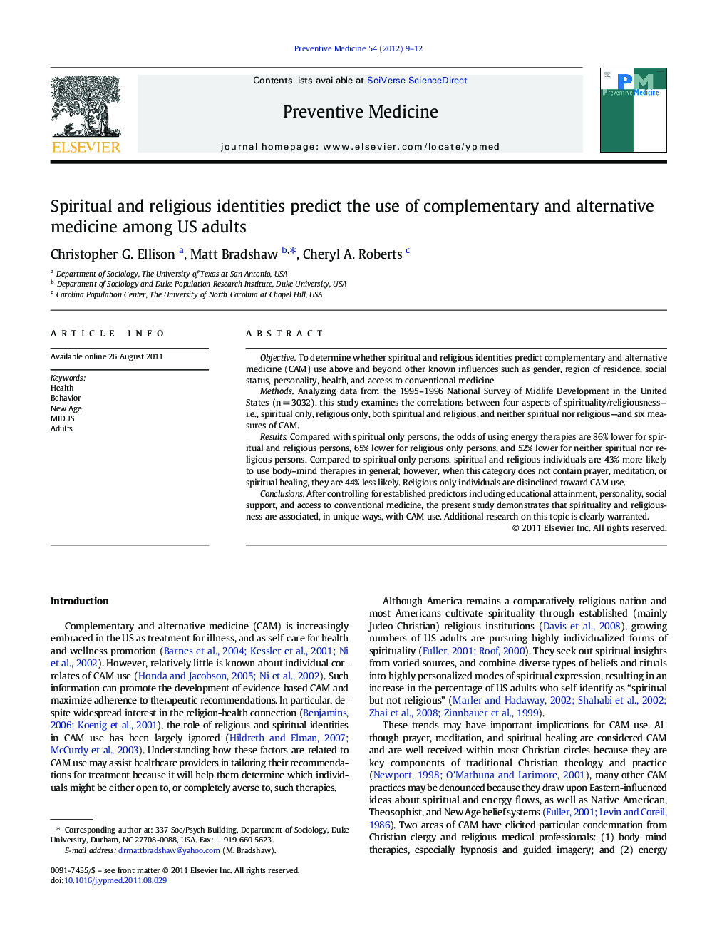 Spiritual and religious identities predict the use of complementary and alternative medicine among US adults