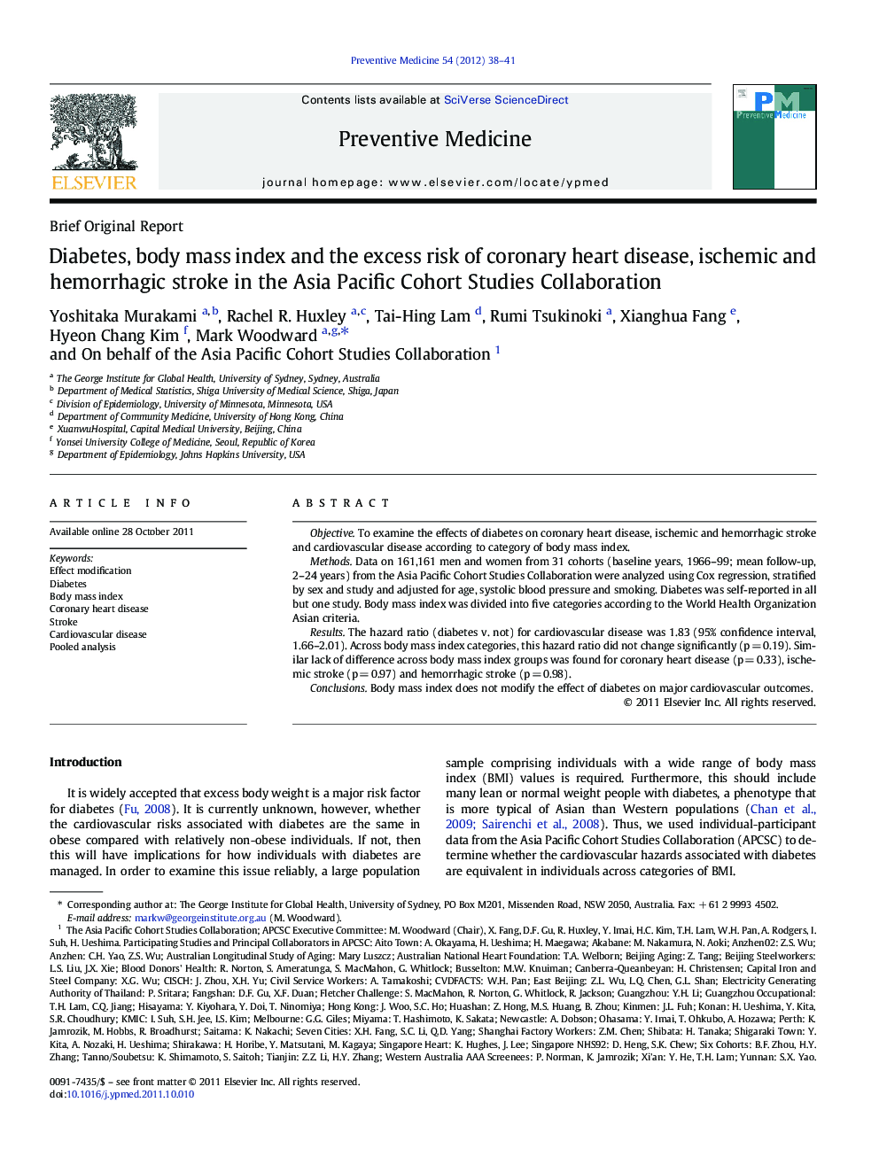 Brief Original ReportDiabetes, body mass index and the excess risk of coronary heart disease, ischemic and hemorrhagic stroke in the Asia Pacific Cohort Studies Collaboration