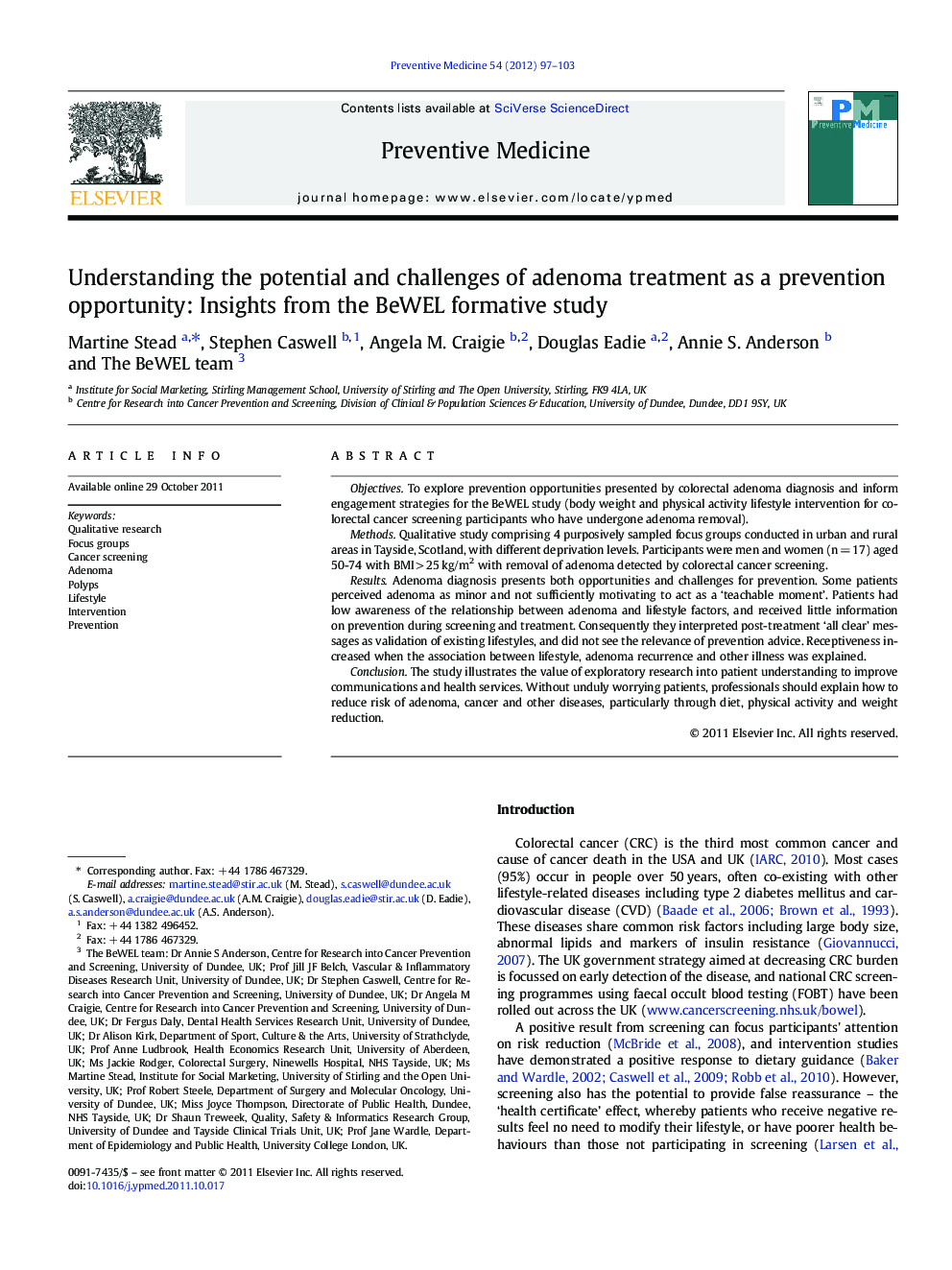 Understanding the potential and challenges of adenoma treatment as a prevention opportunity: Insights from the BeWEL formative study