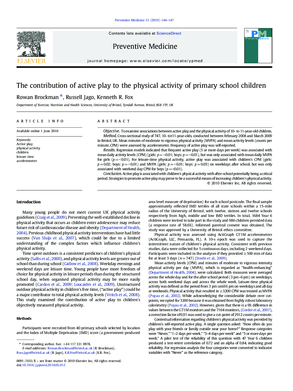 The contribution of active play to the physical activity of primary school children