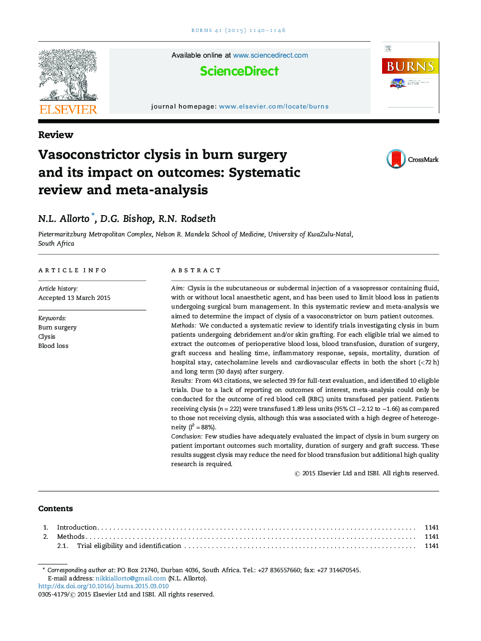 Vasoconstrictor clysis in burn surgery and its impact on outcomes: Systematic review and meta-analysis