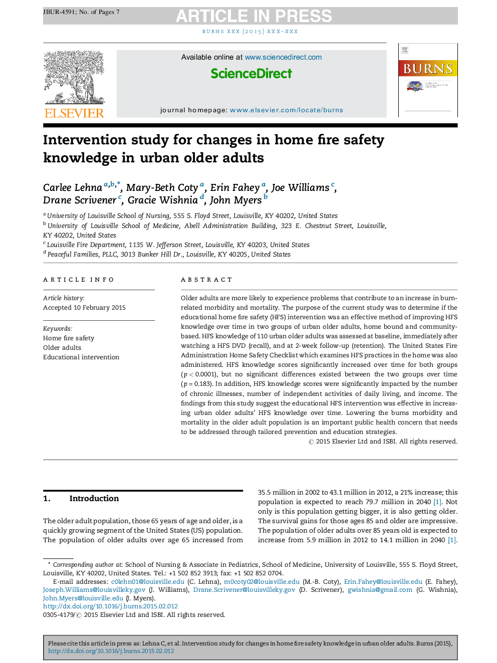 Intervention study for changes in home fire safety knowledge in urban older adults