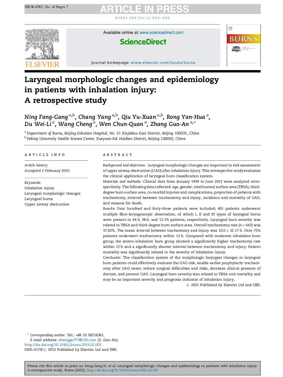 Laryngeal morphologic changes and epidemiology in patients with inhalation injury: A retrospective study