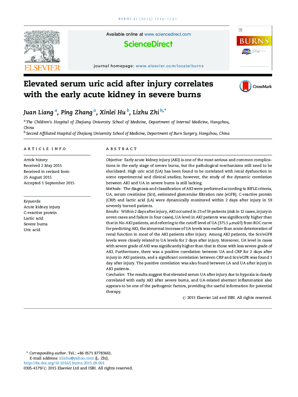 Elevated serum uric acid after injury correlates with the early acute kidney in severe burns