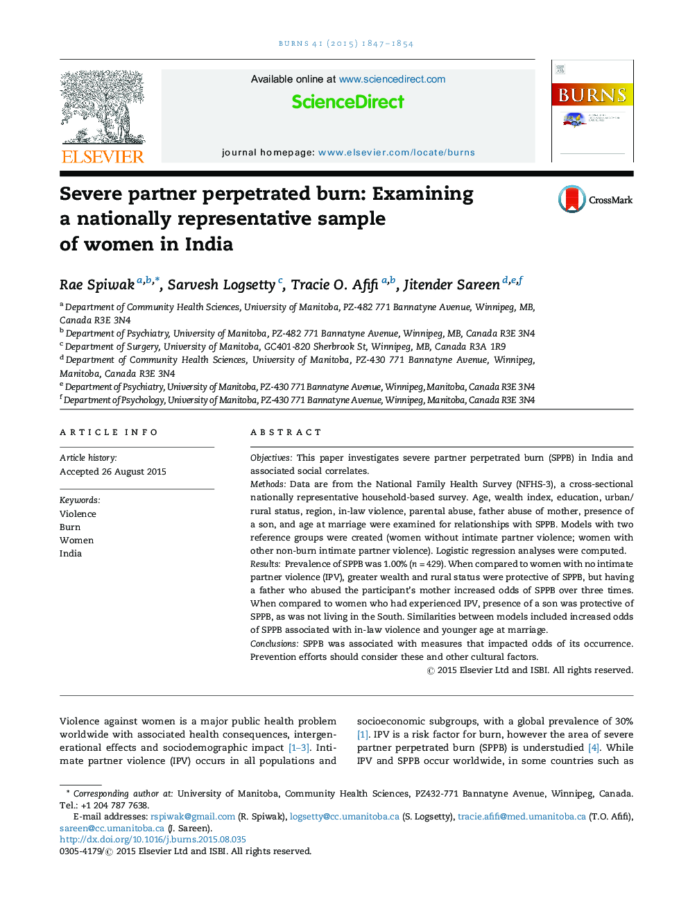 Severe partner perpetrated burn: Examining a nationally representative sample of women in India