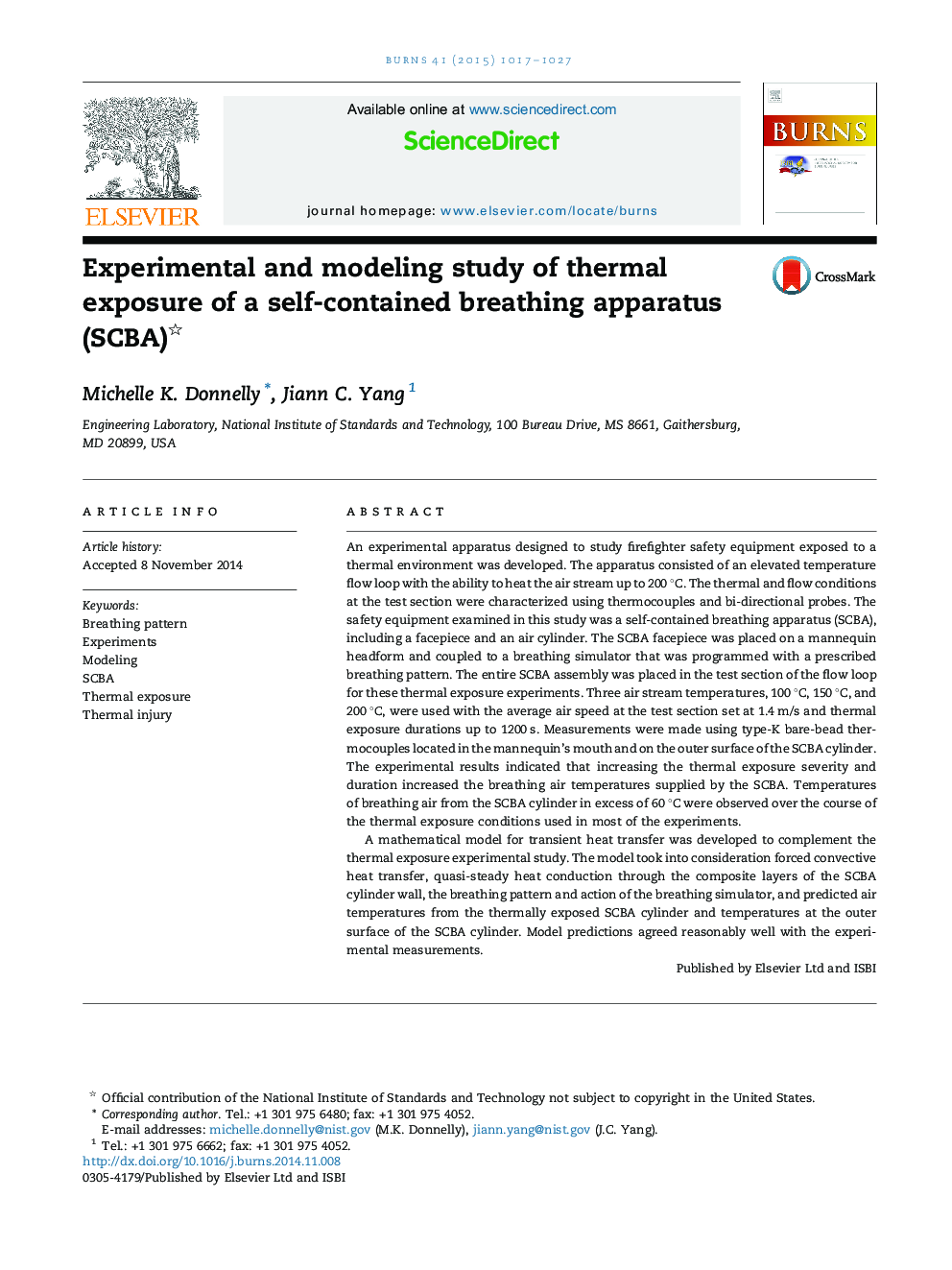 Experimental and modeling study of thermal exposure of a self-contained breathing apparatus (SCBA)