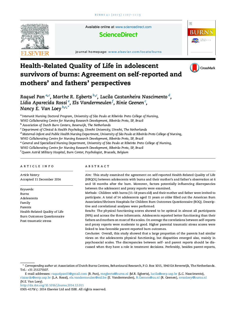 Health-Related Quality of Life in adolescent survivors of burns: Agreement on self-reported and mothers' and fathers' perspectives
