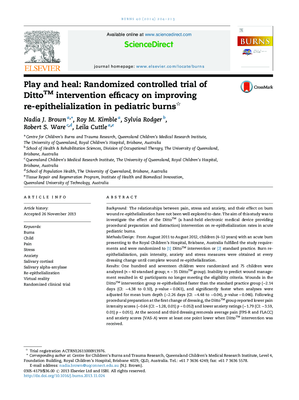 Play and heal: Randomized controlled trial of Dittoâ¢ intervention efficacy on improving re-epithelialization in pediatric burns