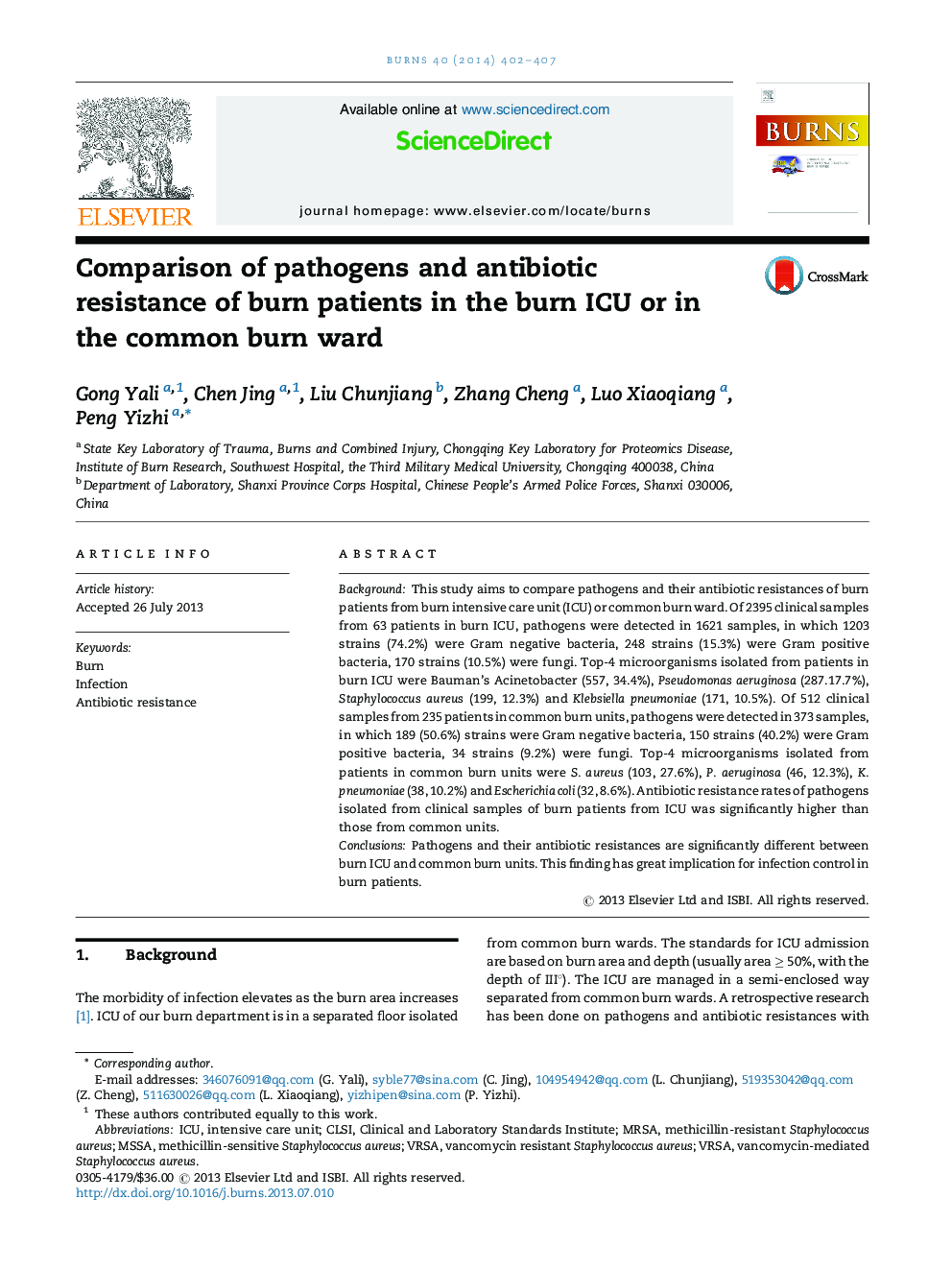 Comparison of pathogens and antibiotic resistance of burn patients in the burn ICU or in the common burn ward