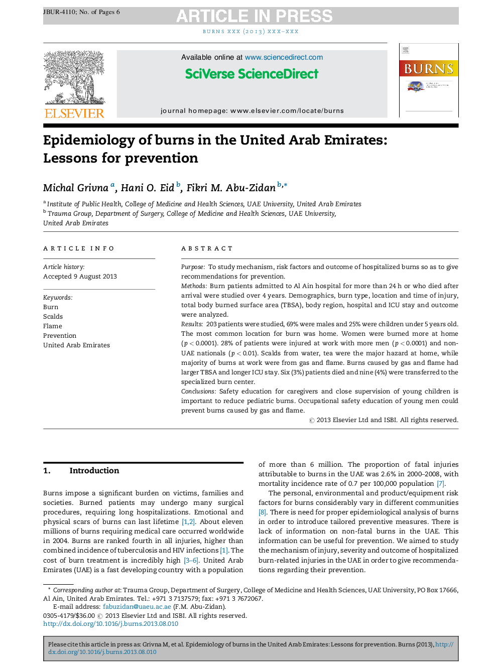 Epidemiology of burns in the United Arab Emirates: Lessons for prevention