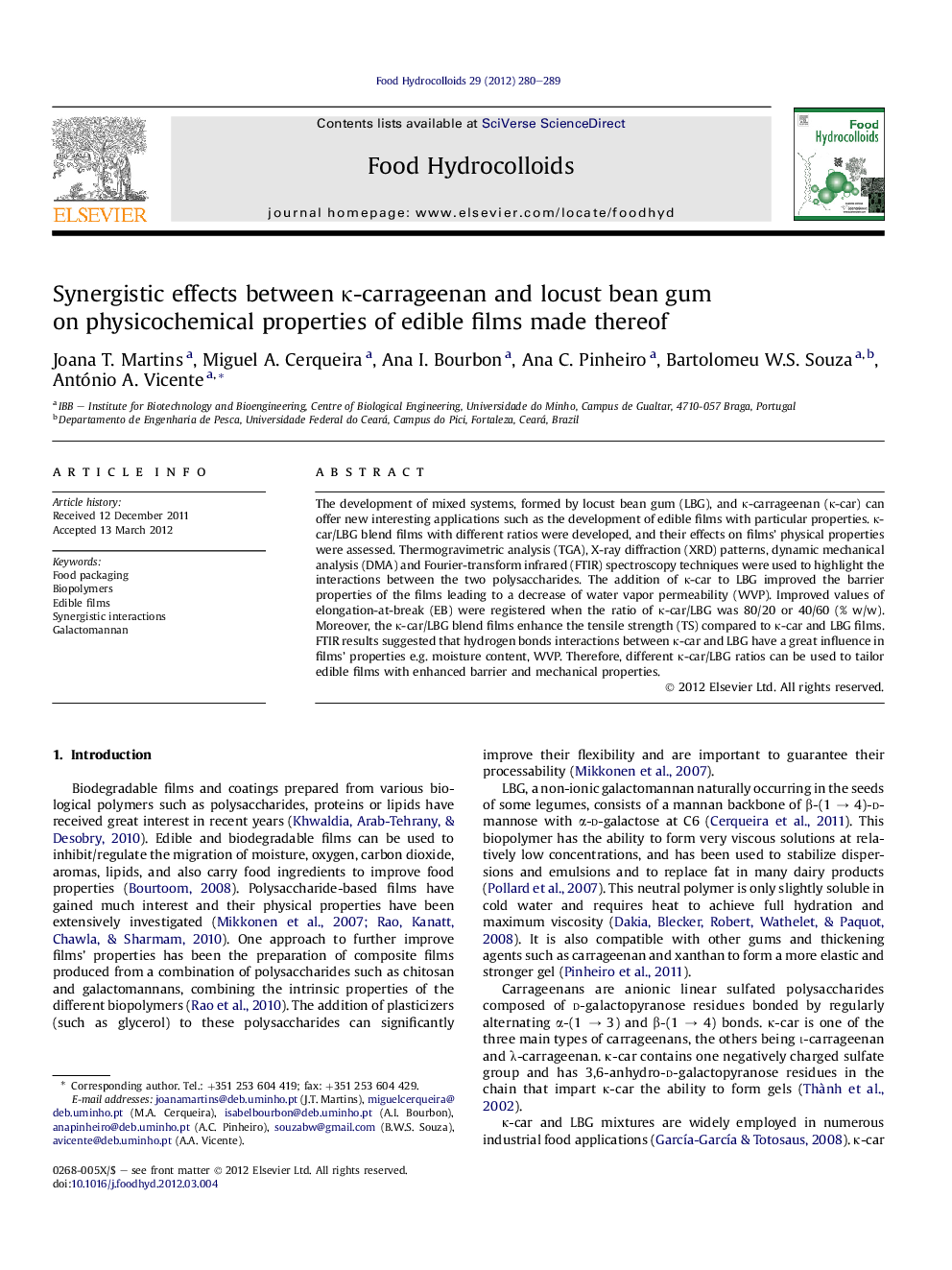 Synergistic effects between κ-carrageenan and locust bean gum on physicochemical properties of edible films made thereof