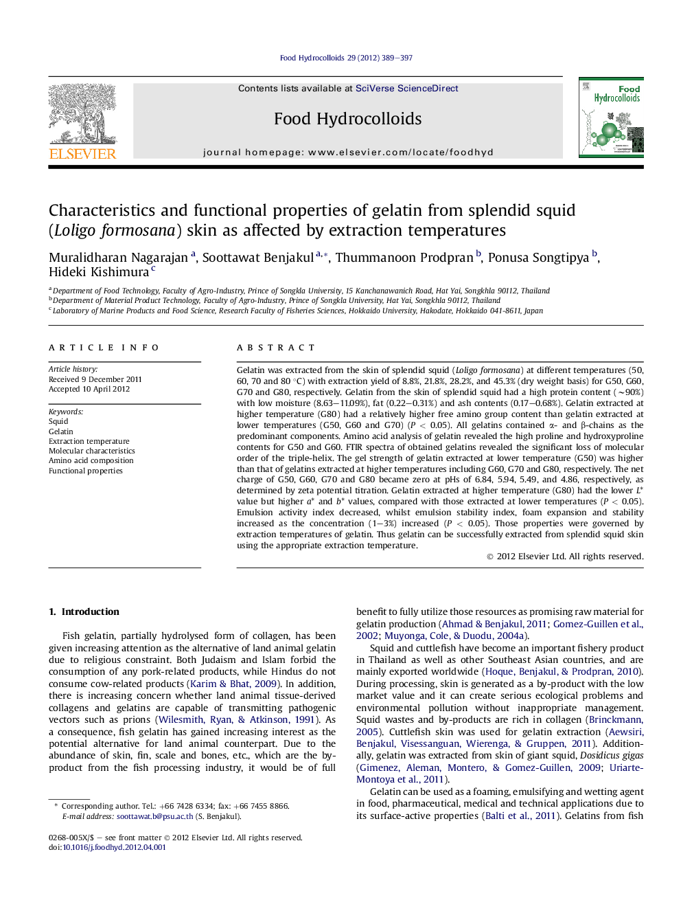 Characteristics and functional properties of gelatin from splendid squid (Loligo formosana) skin as affected by extraction temperatures