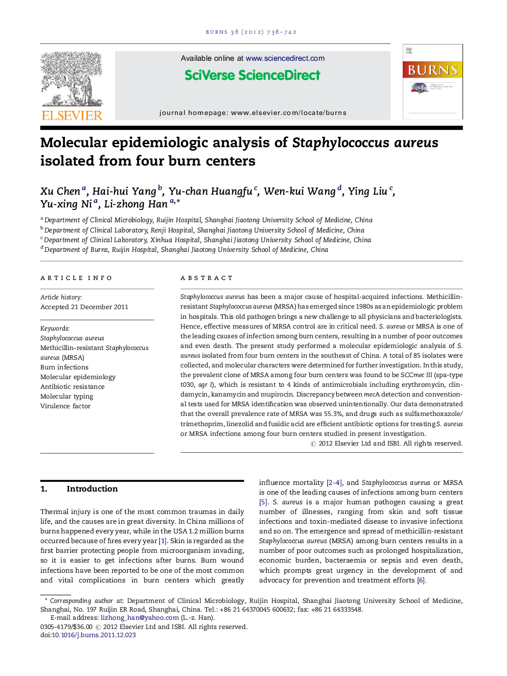 Molecular epidemiologic analysis of Staphylococcus aureus isolated from four burn centers