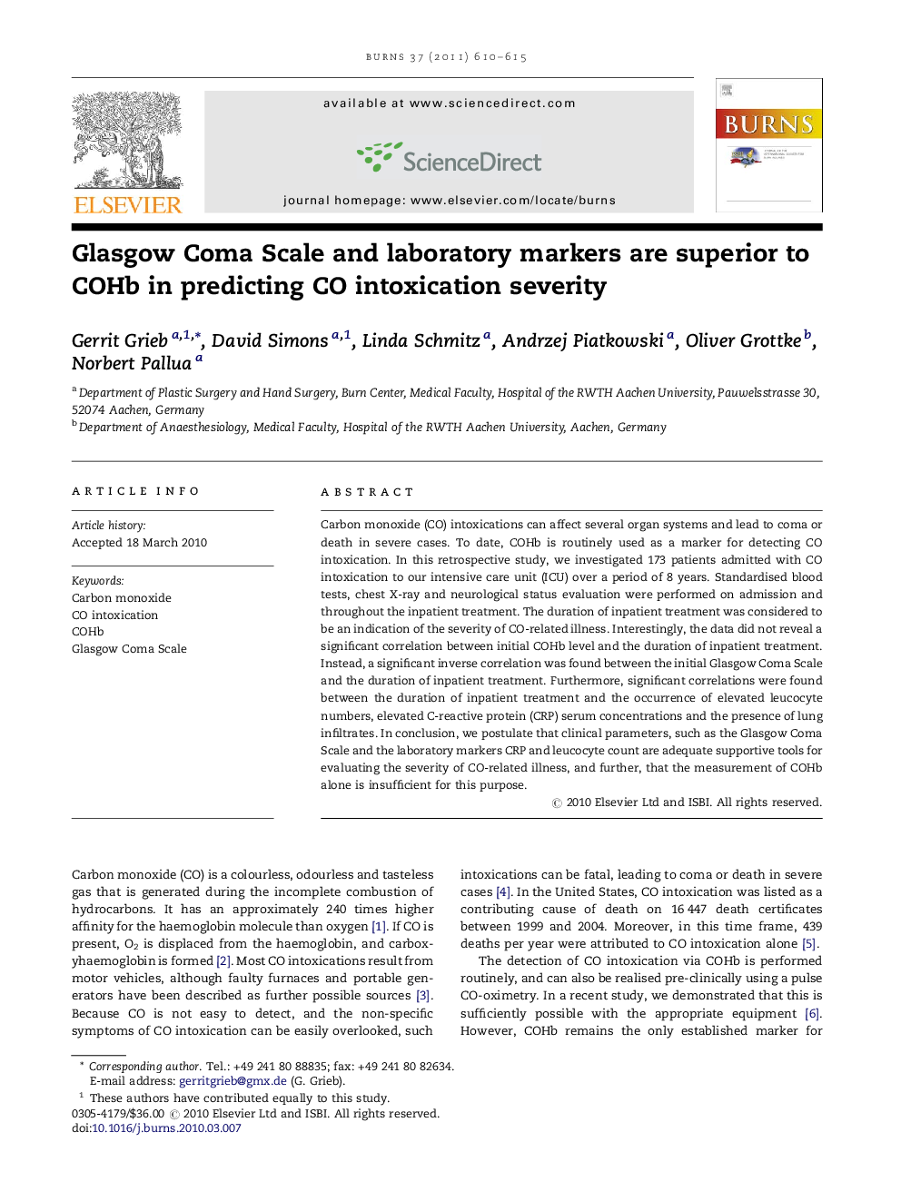 Glasgow Coma Scale and laboratory markers are superior to COHb in predicting CO intoxication severity