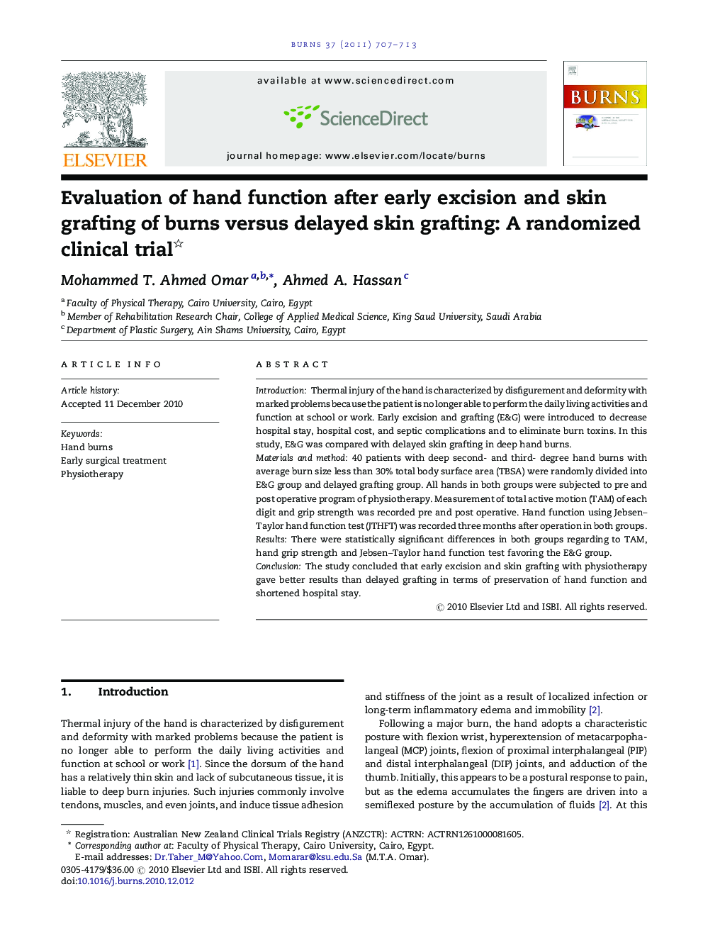 Evaluation of hand function after early excision and skin grafting of burns versus delayed skin grafting: A randomized clinical trial