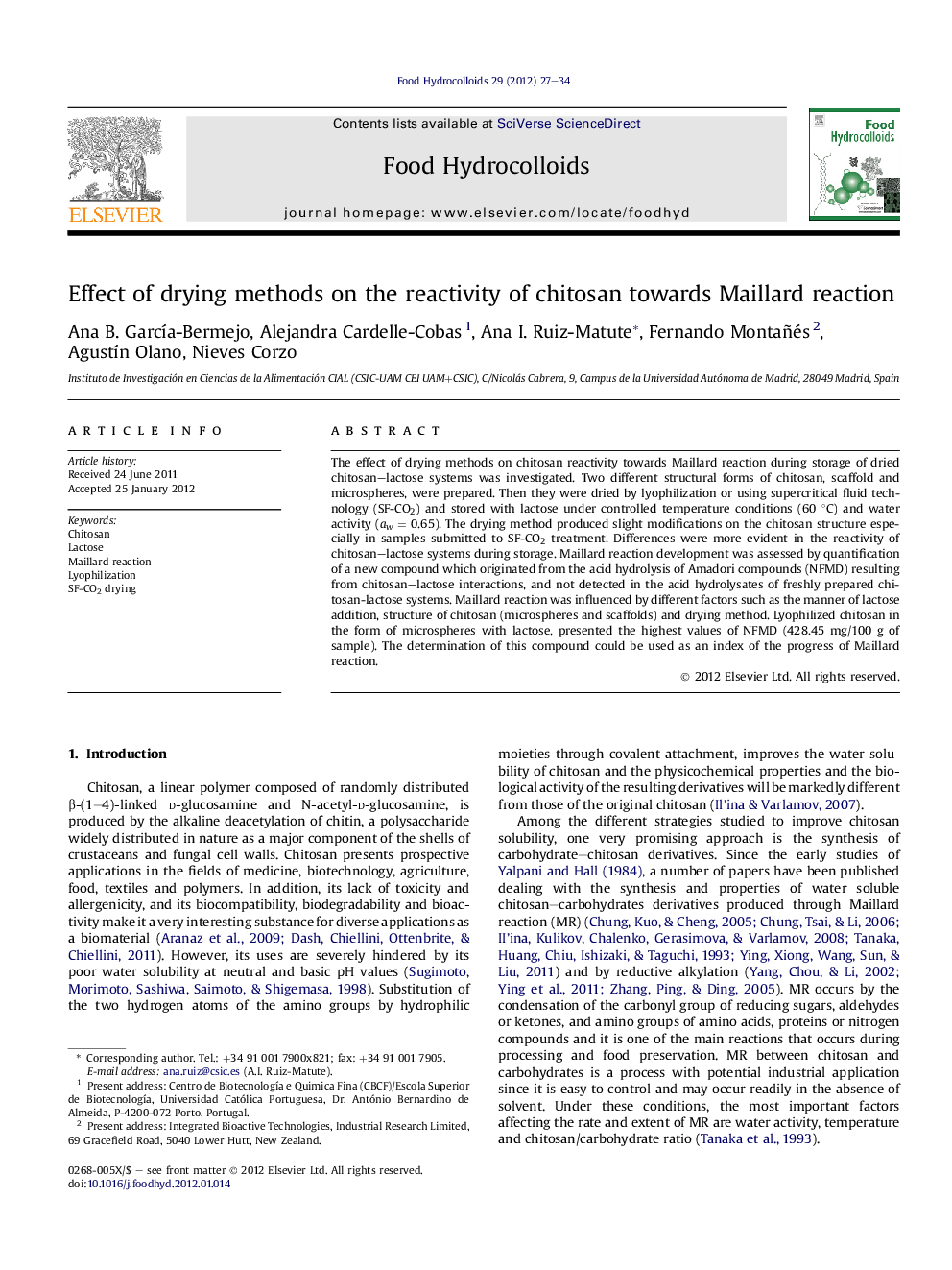 Effect of drying methods on the reactivity of chitosan towards Maillard reaction