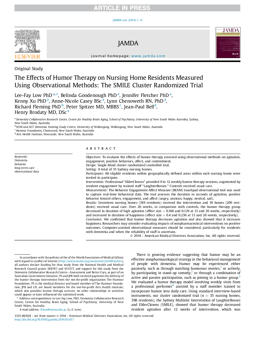 The Effects of Humor Therapy on Nursing Home Residents Measured Using Observational Methods: The SMILE Cluster Randomized Trial