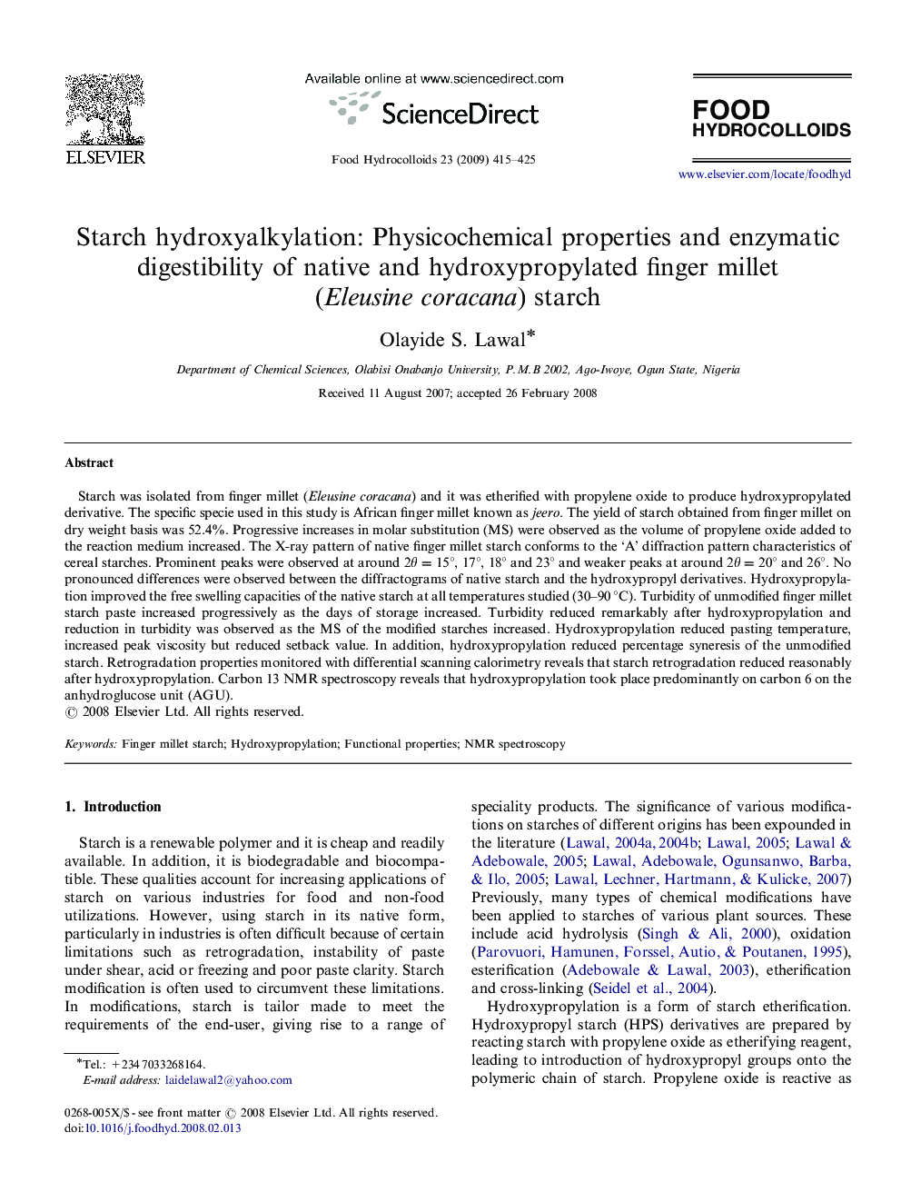 Starch hydroxyalkylation: Physicochemical properties and enzymatic digestibility of native and hydroxypropylated finger millet (Eleusine coracana) starch