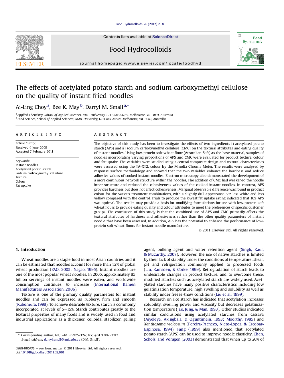 The effects of acetylated potato starch and sodium carboxymethyl cellulose on the quality of instant fried noodles