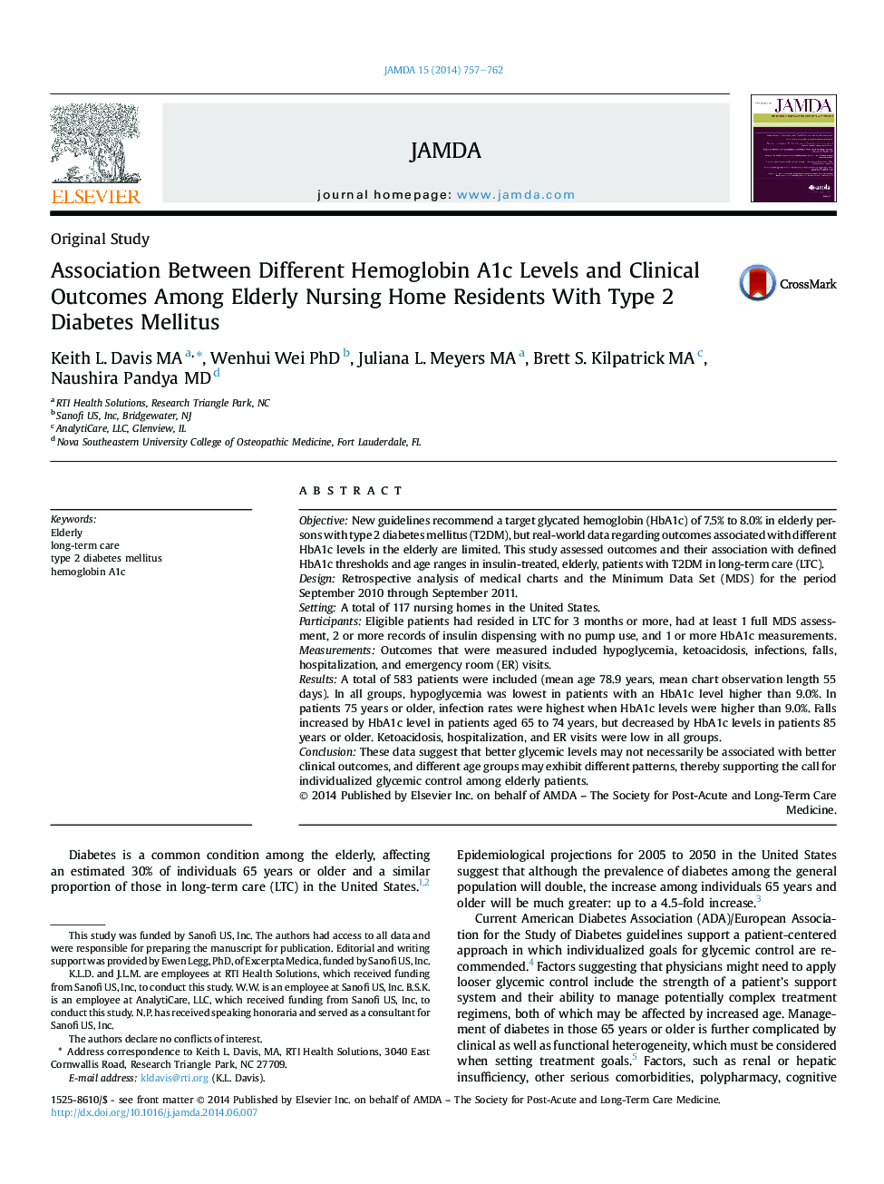 Association Between Different Hemoglobin A1c Levels and Clinical Outcomes Among Elderly Nursing Home Residents With Type 2 Diabetes Mellitus